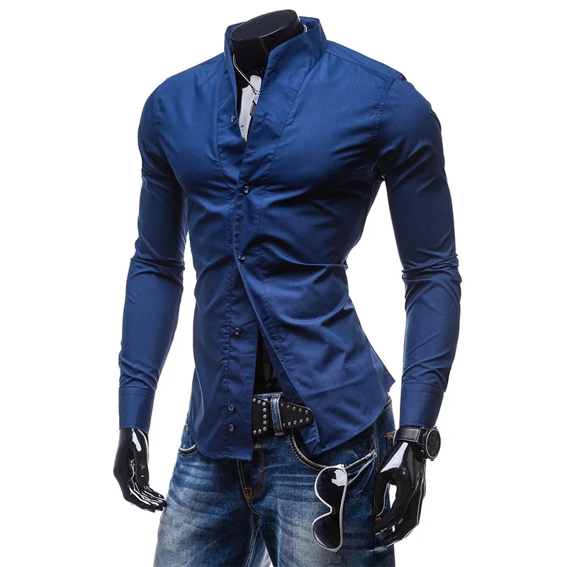 Мужская формальная рубашка Zogaa однотонная Облегающая с длинным рукавом и стоячим