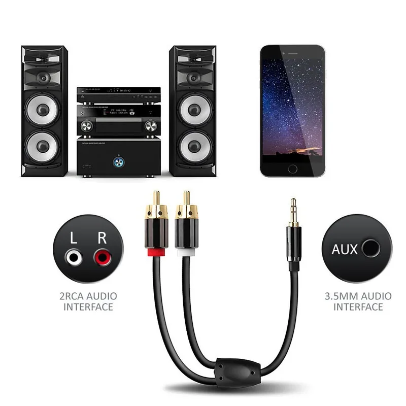 

1pc 2 Meters Length 3.5 Turn Double Lotus Audio Cable PVC 3.5mm One Two Audio Cable 3.5-2RCA Male Sound Line Bare Copper Wire