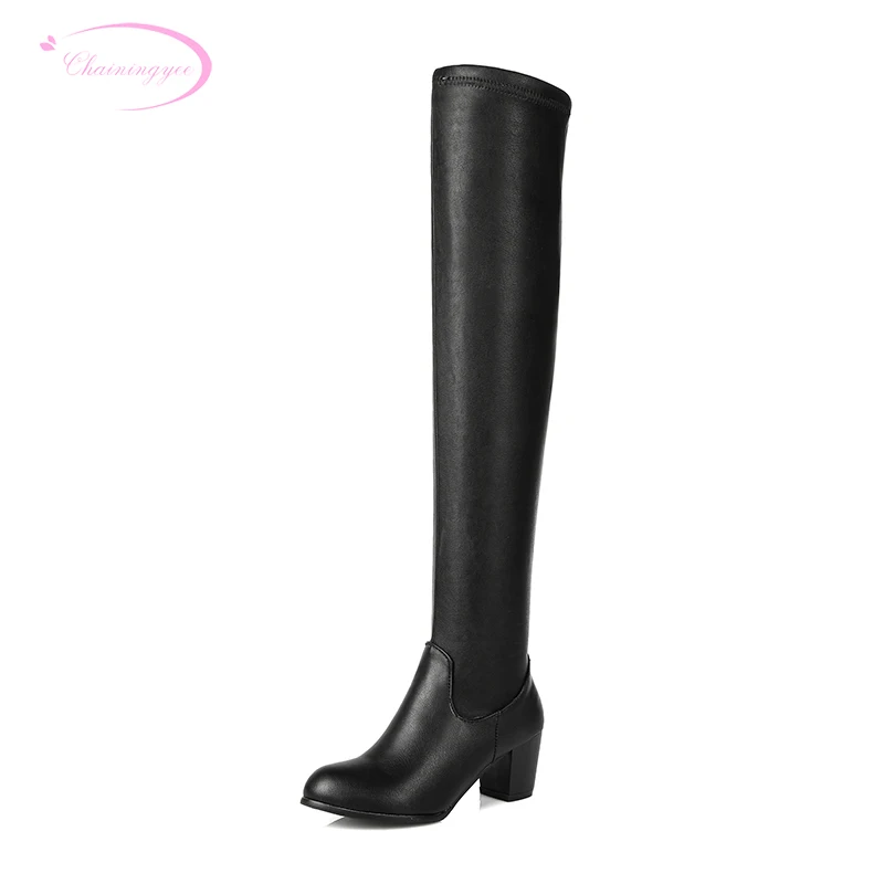 

Chainingyee casual style round toe over knee high boots comfortable stretch med with black women riding boots big size 22~26.5cm