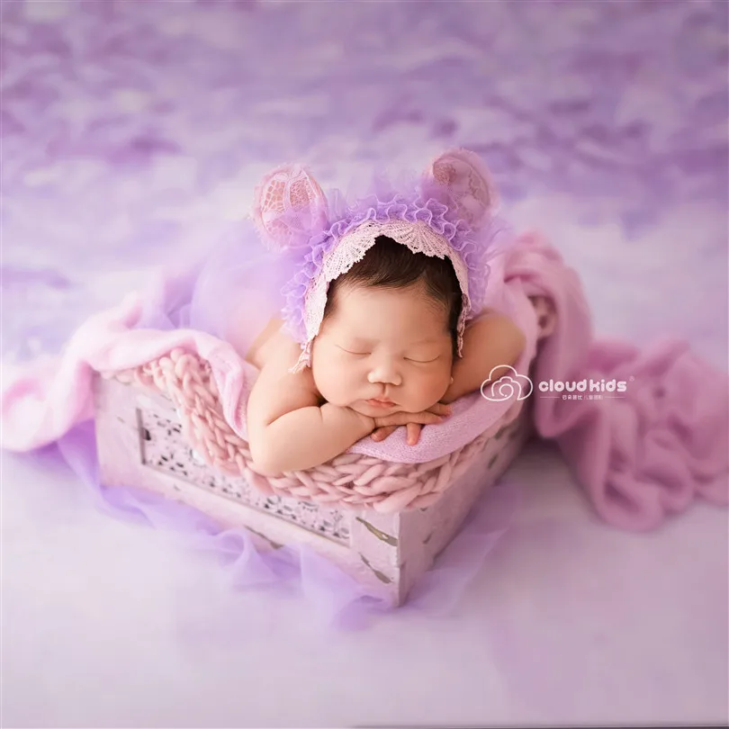Newborn Girl Photography Backdrop Faric Solid Lilac Floral Posing Blanket Wooden Plank Floor Drop Newborn Studio Photo Props