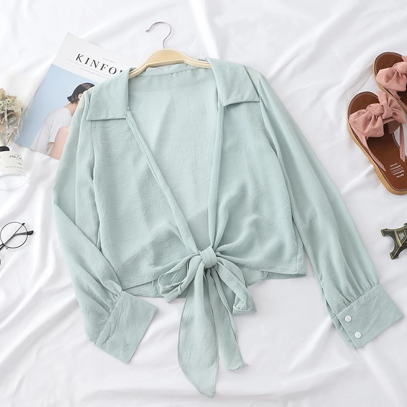 Новый летний Повседневное лук шифон рубашки Сладкий Тонкий Короткие блузки Для