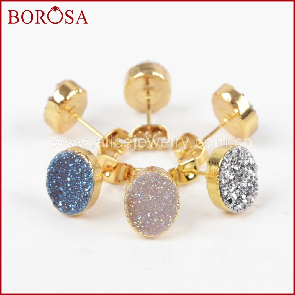 Модные серьги гвоздики BOROSA из настоящего камня овальные золотого цвета с