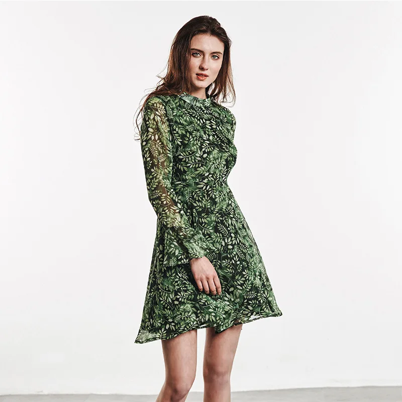 MECEBOM Women dresses summer fashion comfortable green long flare sleeve Leaves-print lady dress 216c | Женская одежда