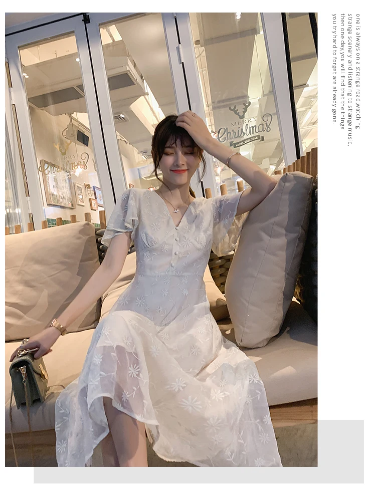 Mishow Женское летнее шифоновое элегантное платье с объемной вышивкой с v-образным вырезом, короткими рукавами и цветочным узором Новая коллекция Повседневный стиль Материал полиэстер MX19B1386