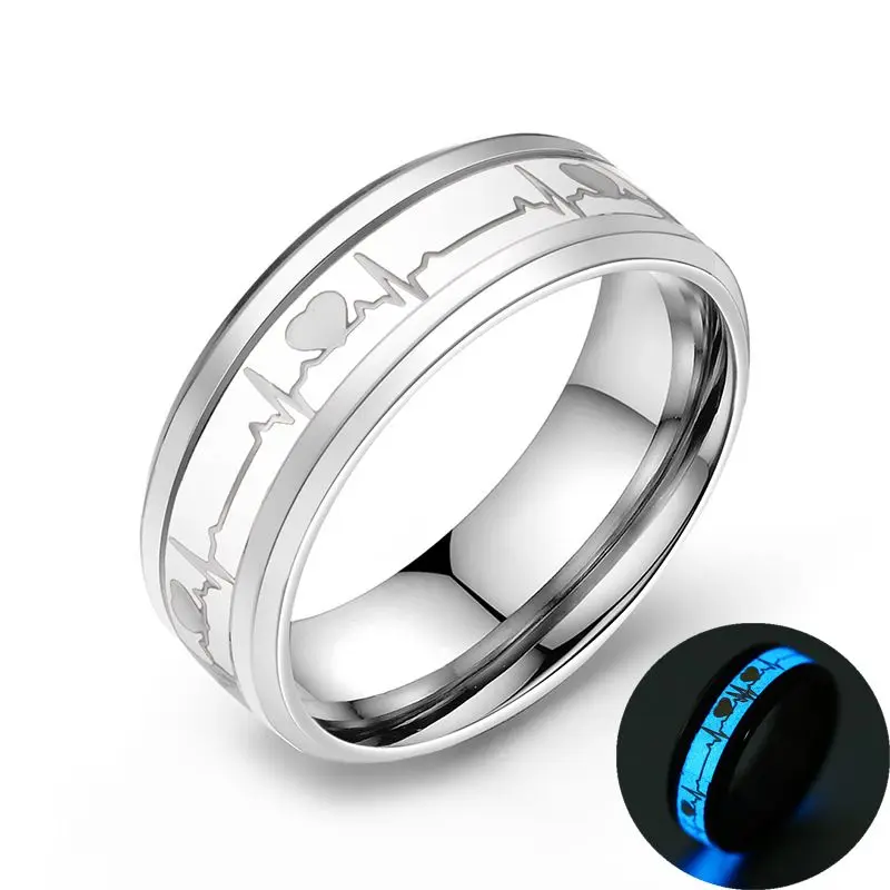 Glowing Luminous Heart Electrocardiogram Rings Stainless Steel Glow in the Dark Wave Love Ring Female Male Wedding Aneis Jewelry