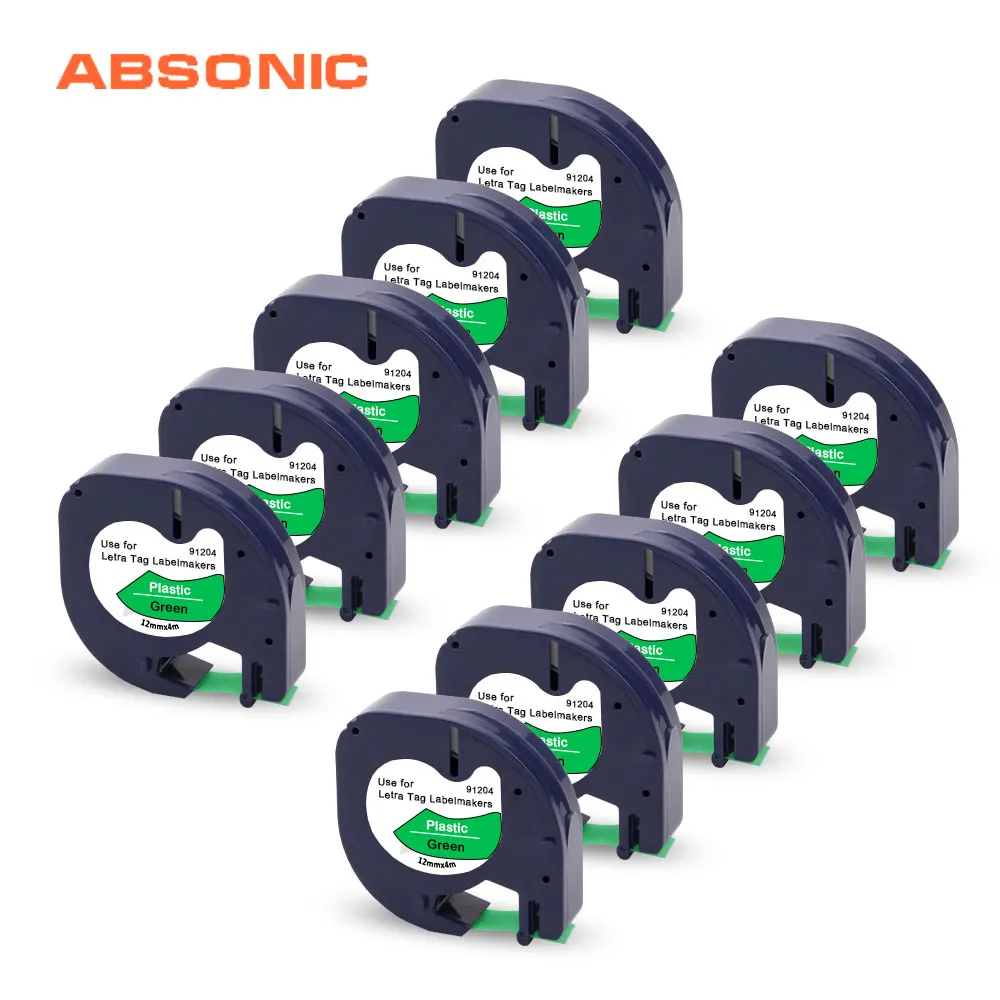 Absonic 10 шт. 91204 черный на зеленом Клейкой Ленте совместимый для Dymo LetraTag