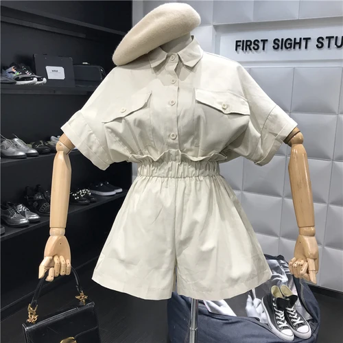 Apricot suits Korobov стиль сафари 2 шт. наряды для женщин короткий рукав однобортный Карманы рубашки мальчиков и эластичные талии шорты женщин 77685 - Цвет: Apricot suits