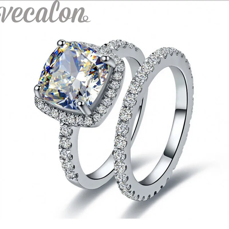 Vecalon 2016 модное женское обручальное кольцо набор с подушкой 3ct AAAAA Циркон Cz 10KT белое