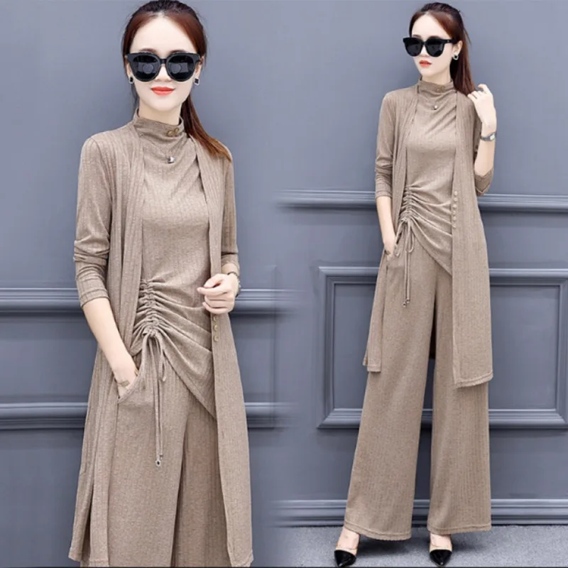 

Women Casual Slim Fashion Long-Sleeved Round Collar Tops+Solid Color Single-Breasted Coat+ Wide-Leg Pants Three-Piece Suit J1