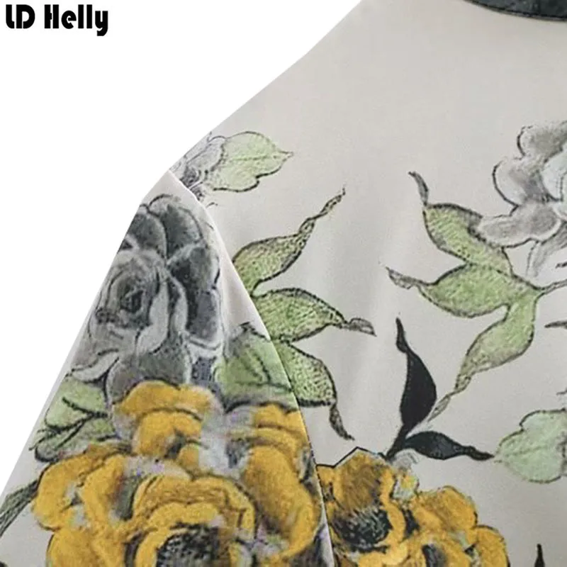 LD Helly Elegant Women Floral Print Dress Stand Collar Pleated Long Sleeve Mid-Calf Dresses Ladies Office Workwear Vestidos | Женская