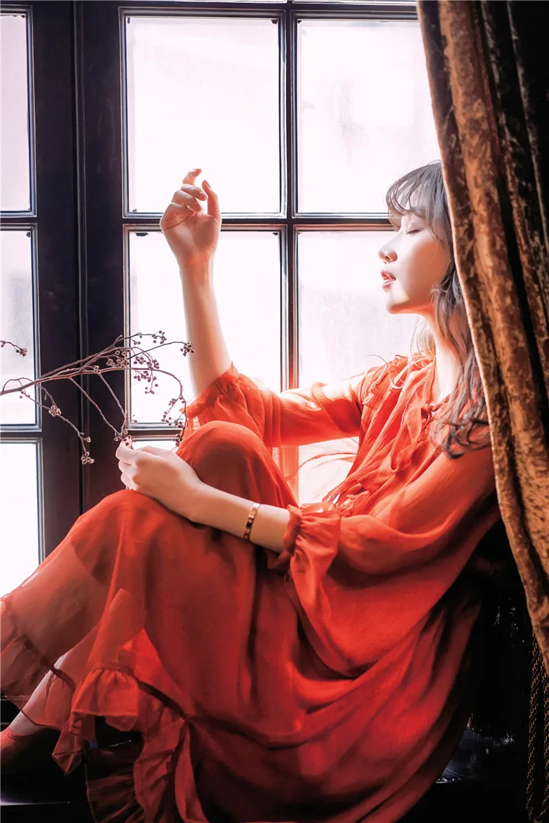 2019 Новое модное женское красное шифоновое платье Франция Винтажное с длинными