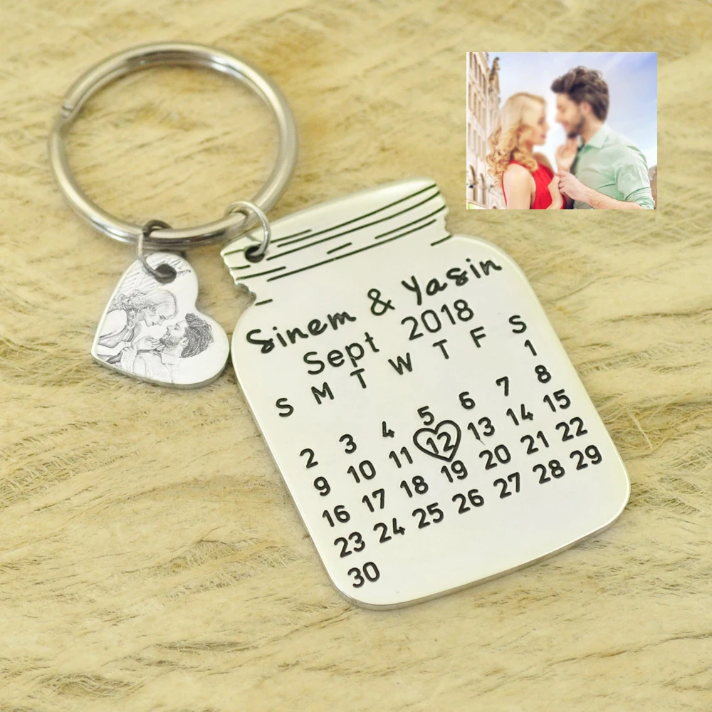 

Personalized Picture Calendar Keychain Anniversary Date Key chain Special Date Gift Wedding Date Key Ring with heart