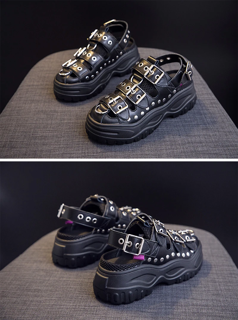 ADBOOV/кожаные сандалии-гладиаторы; женские сандалии на платформе в стиле панк с заклепками в стиле ретро; обувь на толстой подошве 5 см с пряжкой; обувь на массивном каблуке; цвет черный, белый, хаки