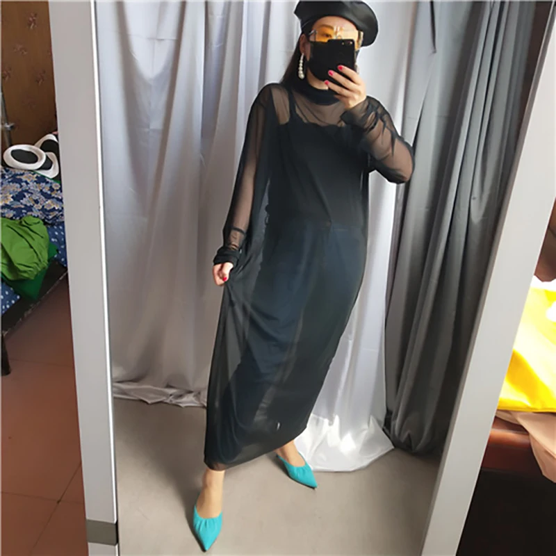[EAM] New Autumn Winter High Collar Long Sleeve Black Mesh Perspective Colorful Long Big Size Dress Women Fashion JU790
