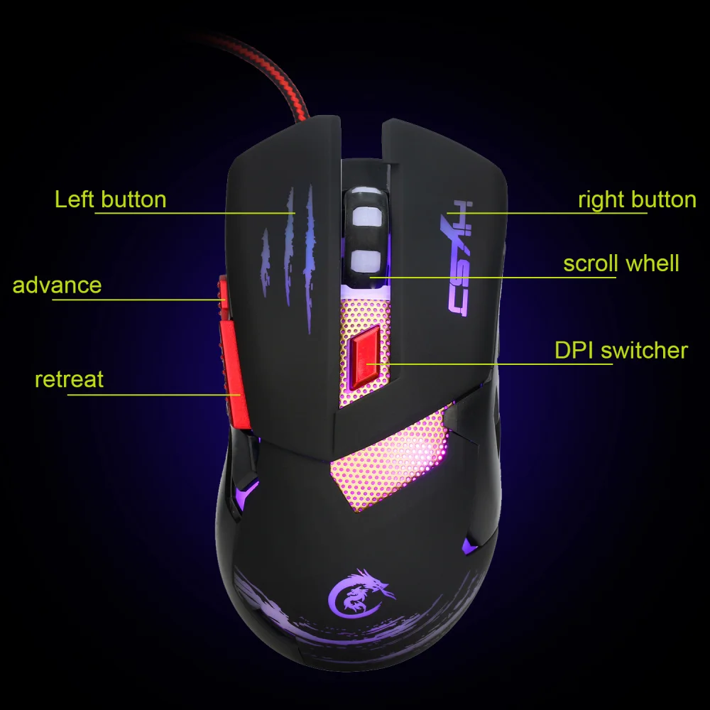 HXSJ H400 LED Backlight Metal Base Wired Gaming Mouse 6 Buttons Programming Competitive Games Mice for Computer | Компьютеры и офис