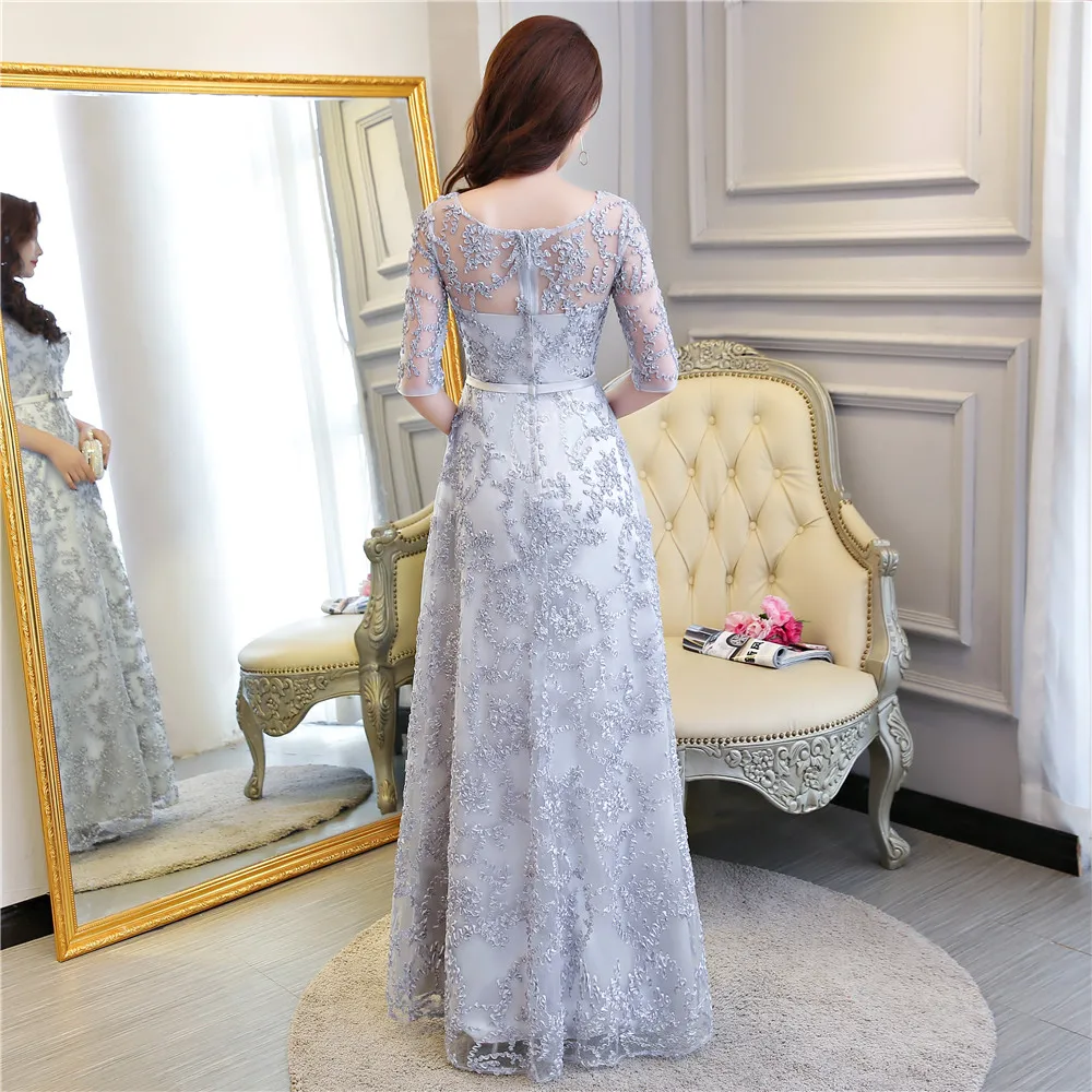 

Women's long evening dress plus size O neck LACE EMBROIDERY formal prom event dress grey sexy cocktail wedding party dress