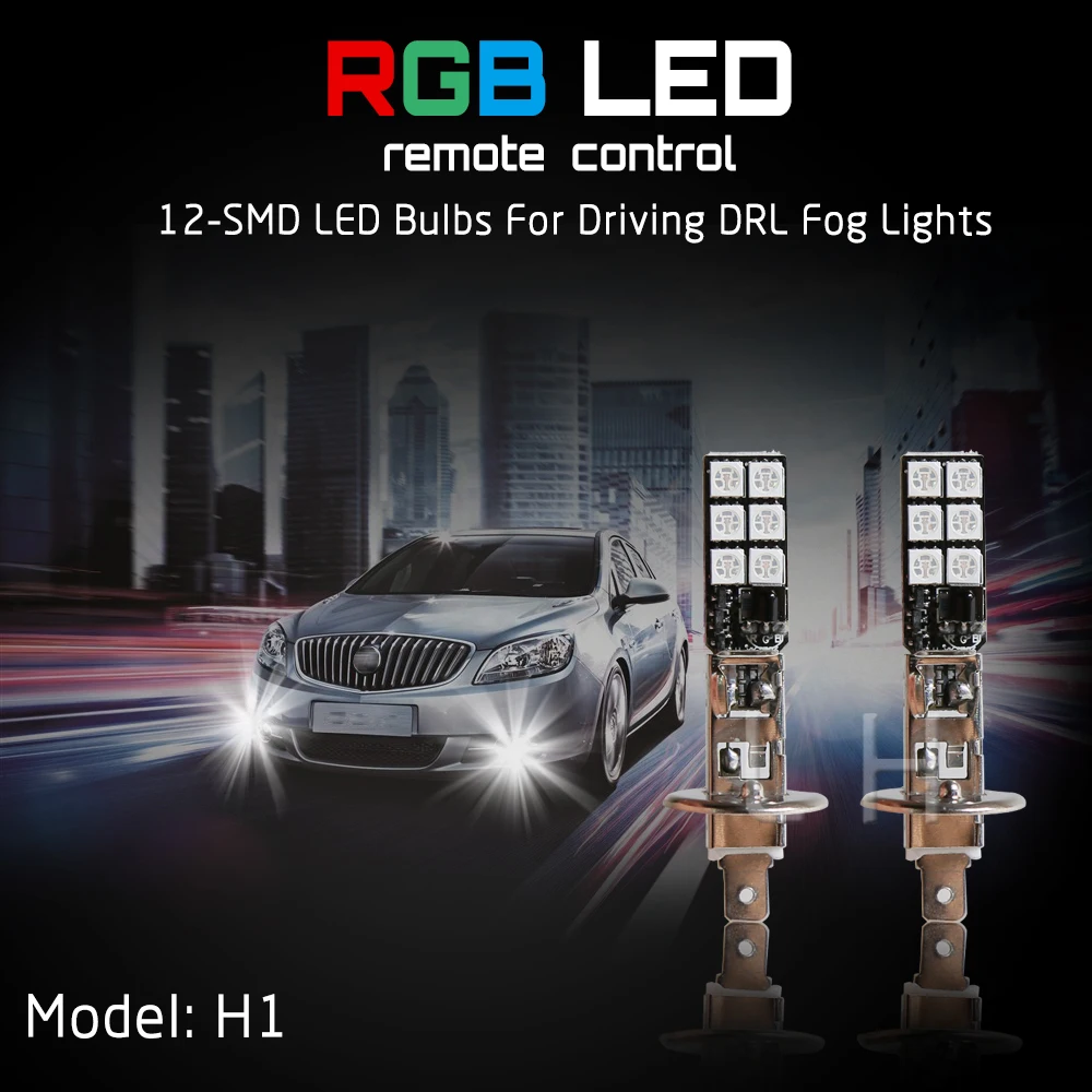 2 шт H1 RGB Противотуманные фары 5050 12SMD 12LED дневного Бег огни с Дистанционный пульт