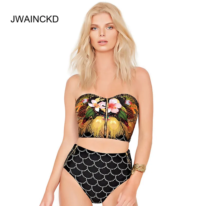 

Бикини JWAINCKD 2019, Женский комплект бикини с открытыми плечами и передней молнией, винтажный купальник в стиле ретро, бикини с высокой талией, к...