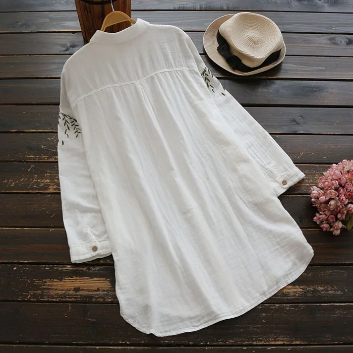 Маленькие свежие листья вышивка хлопок отложной воротник с длинным рукавом