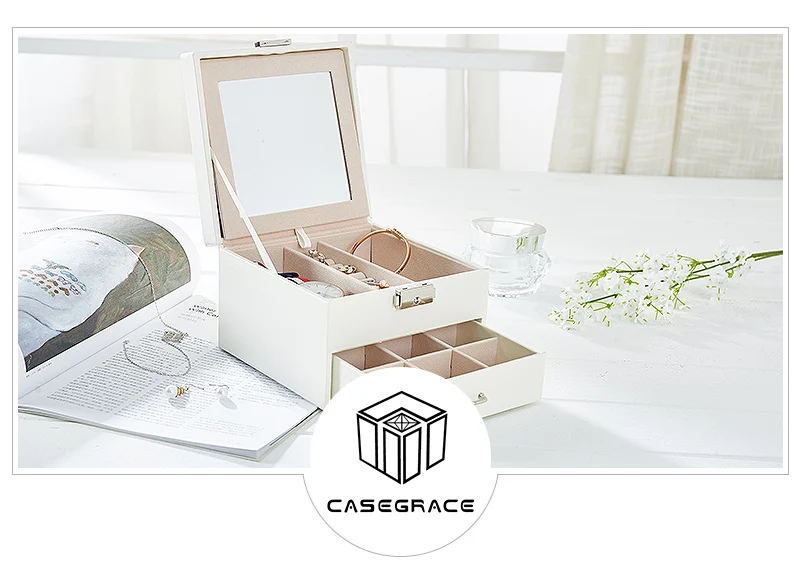 Casegrace кожаная шкатулка Органайзер многосекционный классический держатель с современным замком ящика большое зеркало для женщин подростков девочек