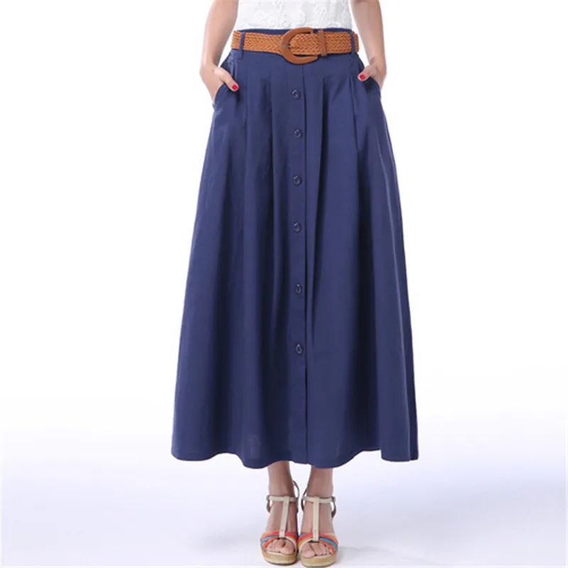 Высокая Талия Лен Длинные юбки Для женщин пляжная юбка миди 2018 сезон: весна–лето