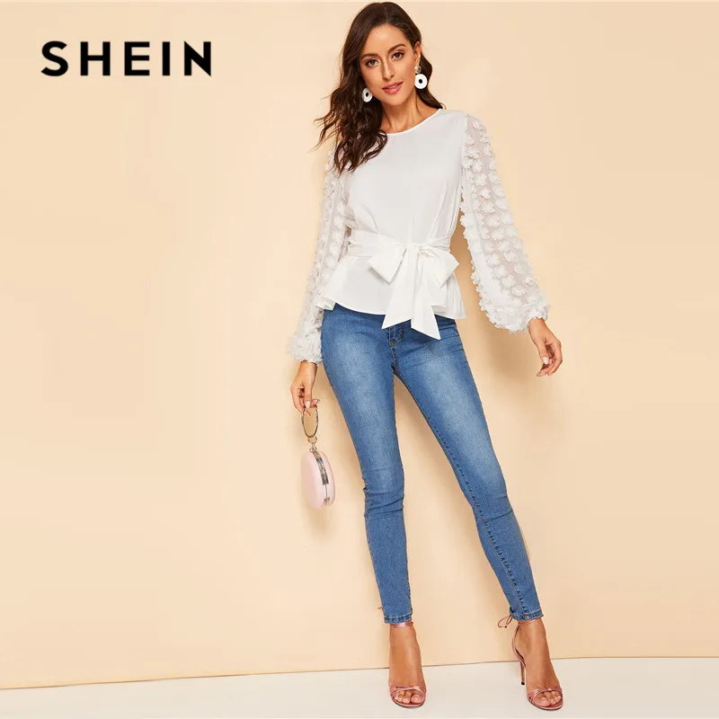 SHEIN белая блузка с аппликацией и рукавом-фонариком, женские топы, весенние элегантные топы с длинным рукавом и круглым вырезом, однотонные топы и блузки