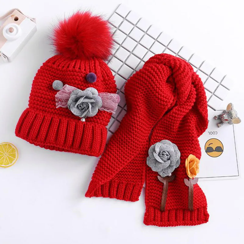 Doitbest/комплекты hailball beanies с цветочным принтом для детей от 3 до 8 лет, бархатные шерстяные вязаные меховые шапки для мальчиков, зимний комплект из 2 предметов, шарф и шапка для маленьких девочек