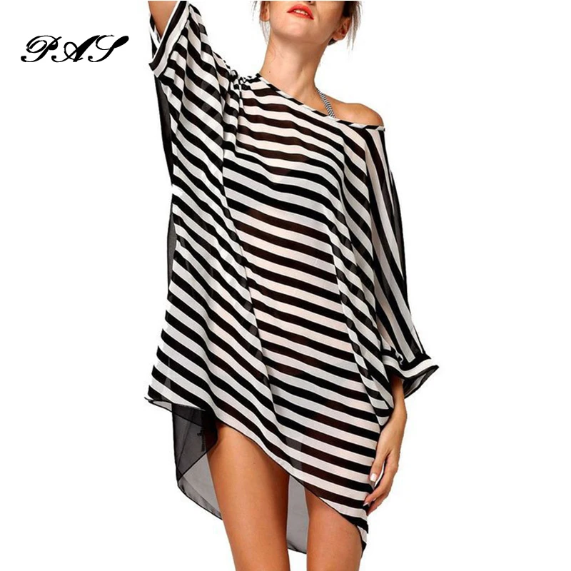 Летние свободные шифон черный и белый полосатый пляжное платье Купальник свитер