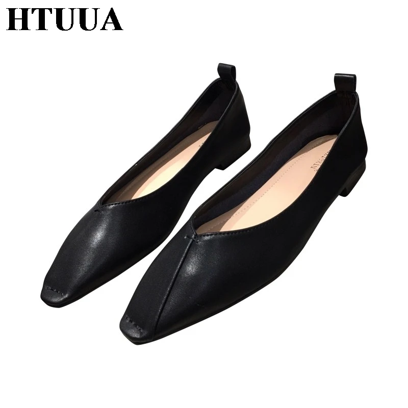 HTUUA/корейские невысокие плоские туфли с квадратным носком женские тонкие