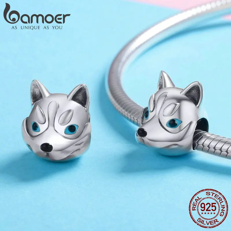 BAMOER, 925 пробы, серебряный, с головой собаки, милый хаски, пудель, животное, очаровательный браслет, браслет, ювелирное изделие SCC836
