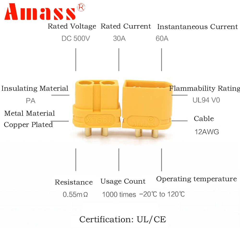 XT60U разъемы Amass штекерные гнездовые для аккумулятора Lipo (модернизированный