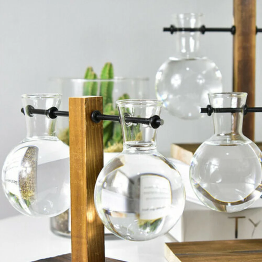

New Hydroponic Plant Vases Vintage Flower Pot Transparent Vase Wooden Frame Glass Tabletop Nordic Simple Plant Home Bonsai Decor