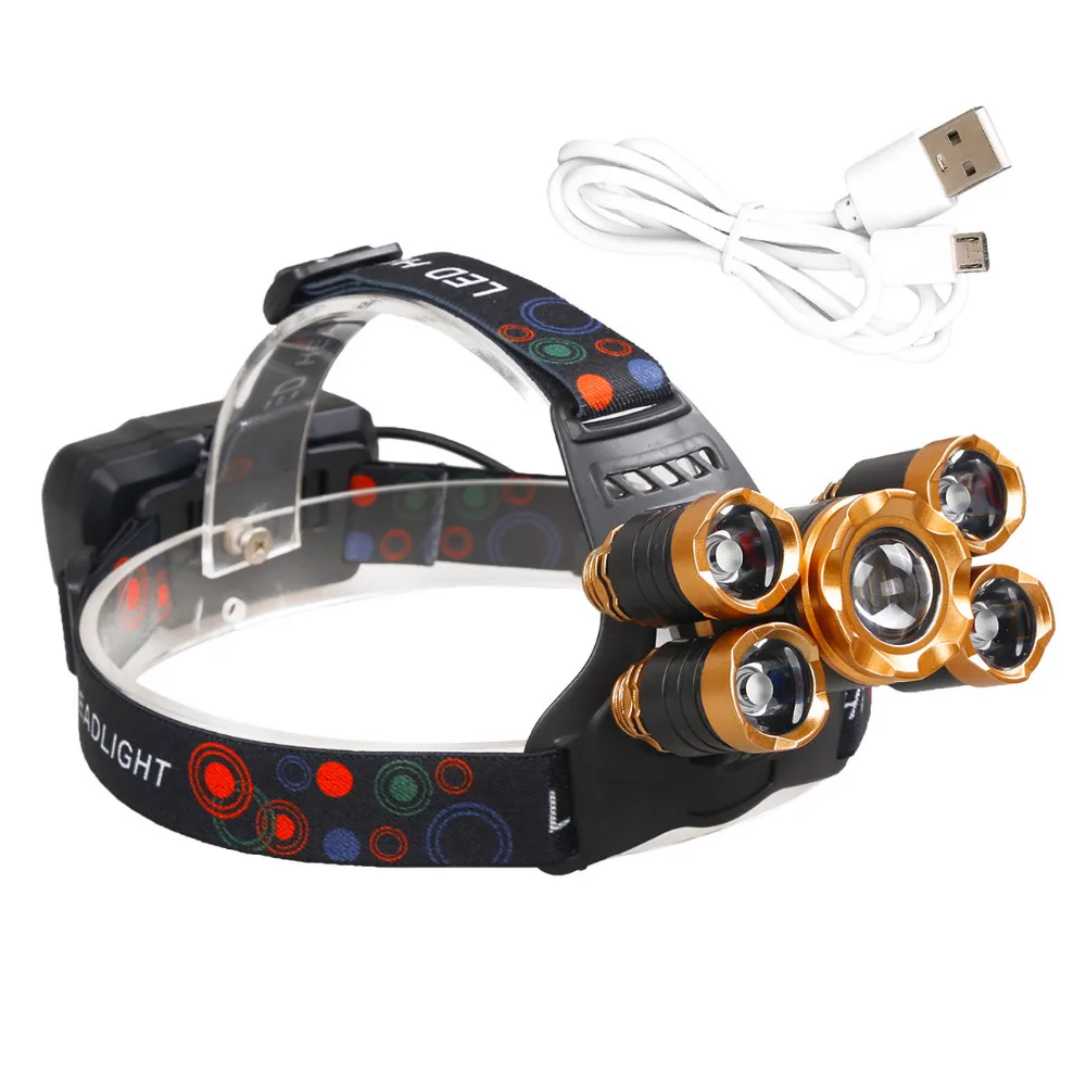 Outdoor Waterproof 15000LM 5-LED T6 USB LED Headlamp Rechargeable Zoom HeadLight 5 Modes Torch + 18650 Battery Cable | Освещение