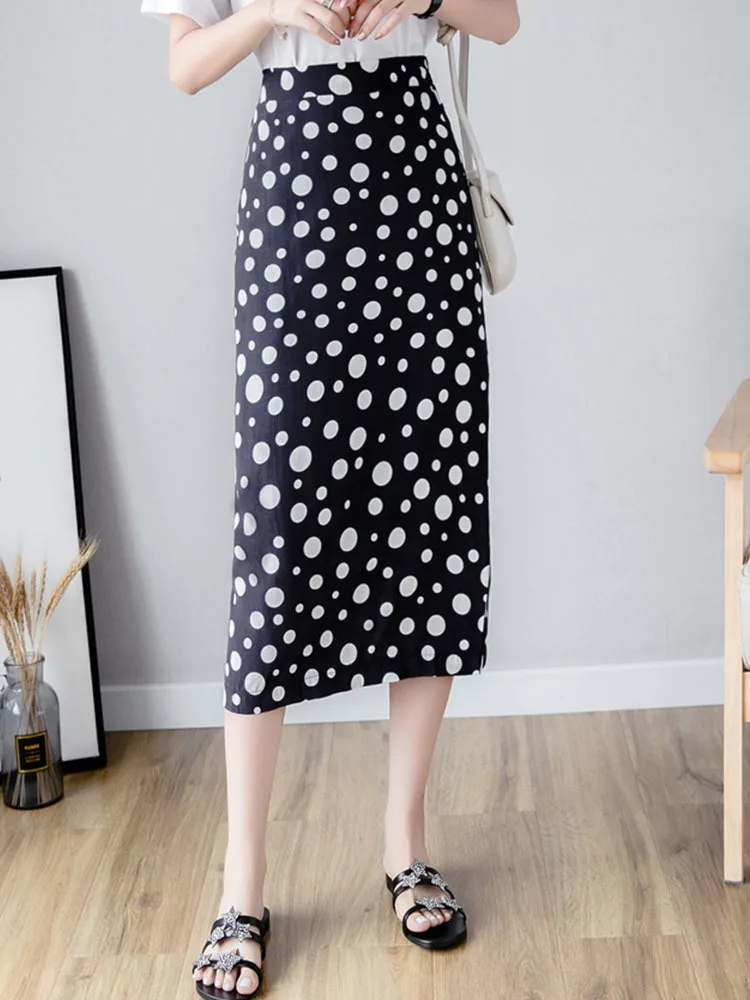 

New Women Rich Vintage Dot Printed Mid -calf Summer Women's Skirts Korean High Waists Women Black White Skirt