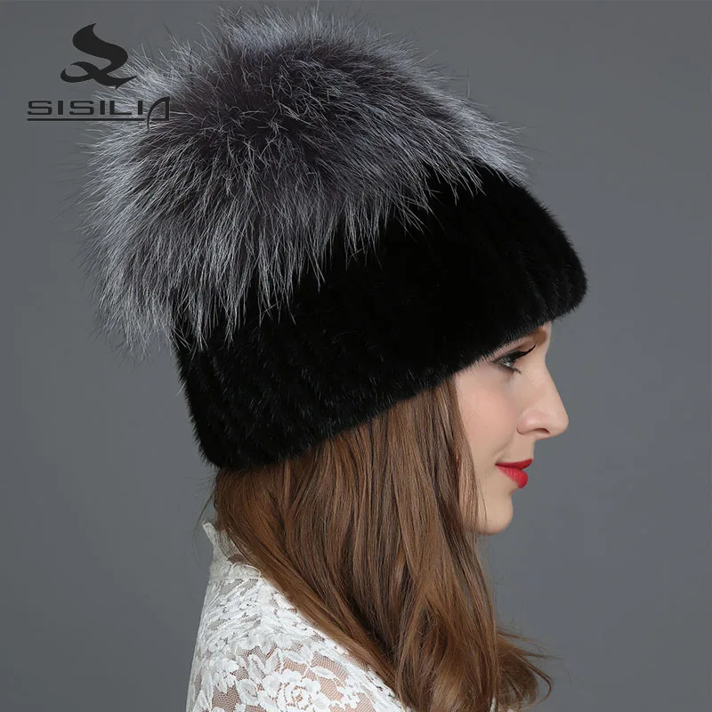 Sisilia Новинка года новые зимние модные Для женщин Шапки с лисой Мех животных шляпа Пипидастр зима Шапки Теплые трикотажные хлопковые шапочки Женские шапки