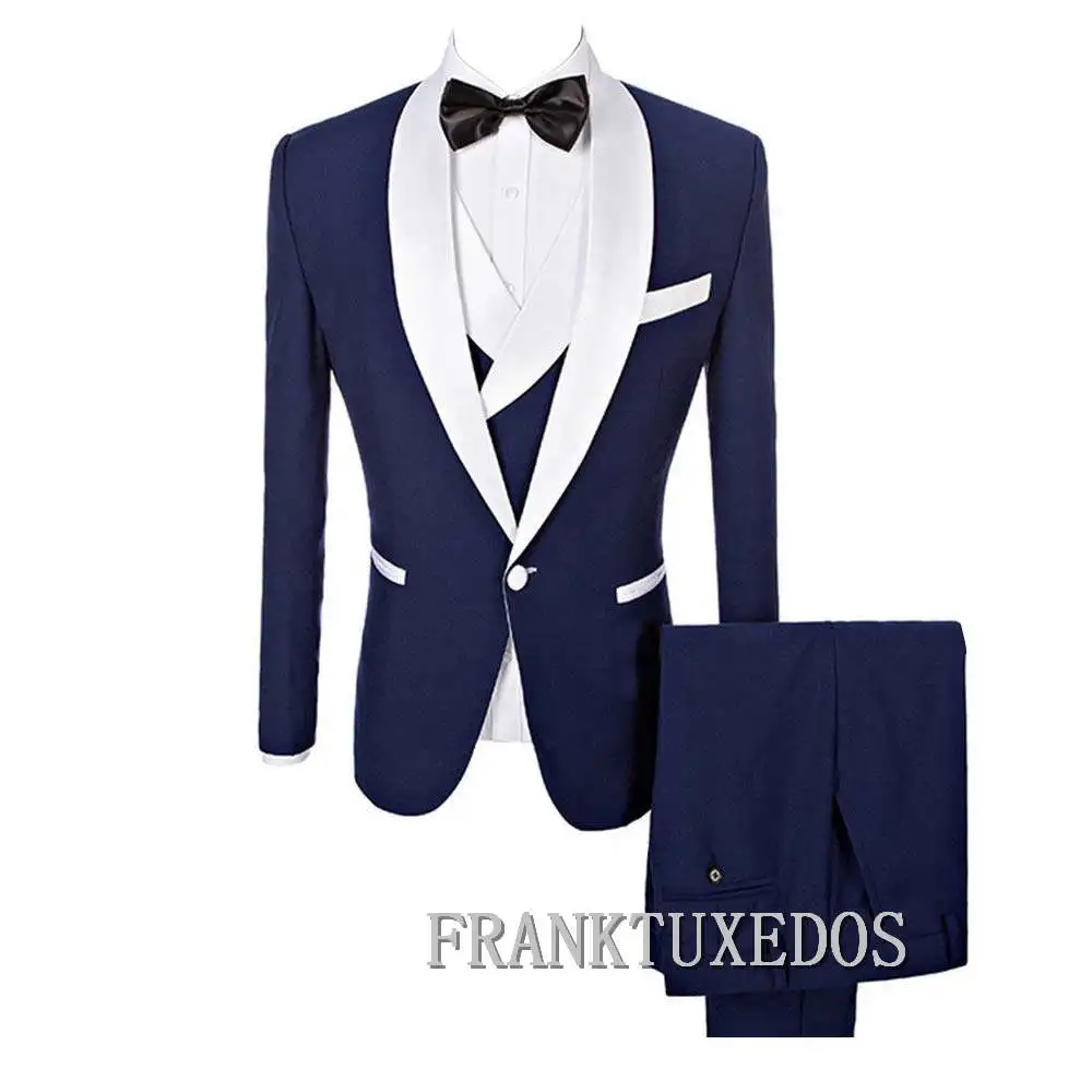 2019 Latest Navy Blue Groomsmen Groom Tuxedos Shawl White Lapel Men Suits Wedding Best Man Wedding Suit ( Jacket+Pants)
