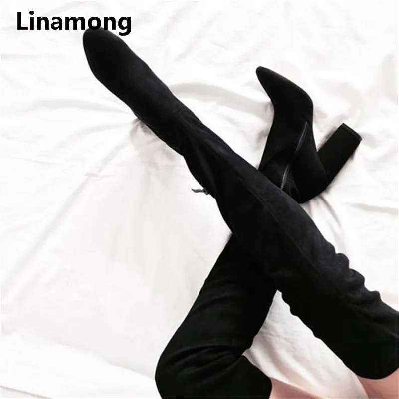 

Newst chic PU leather pure black square heels high heel long boots simple and comfortable easy to match