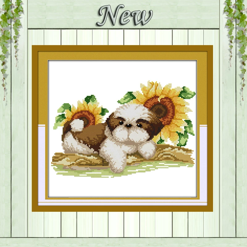 Просмотр в виде подсолнухов милое картины собака Декор Счетный напечатаны на