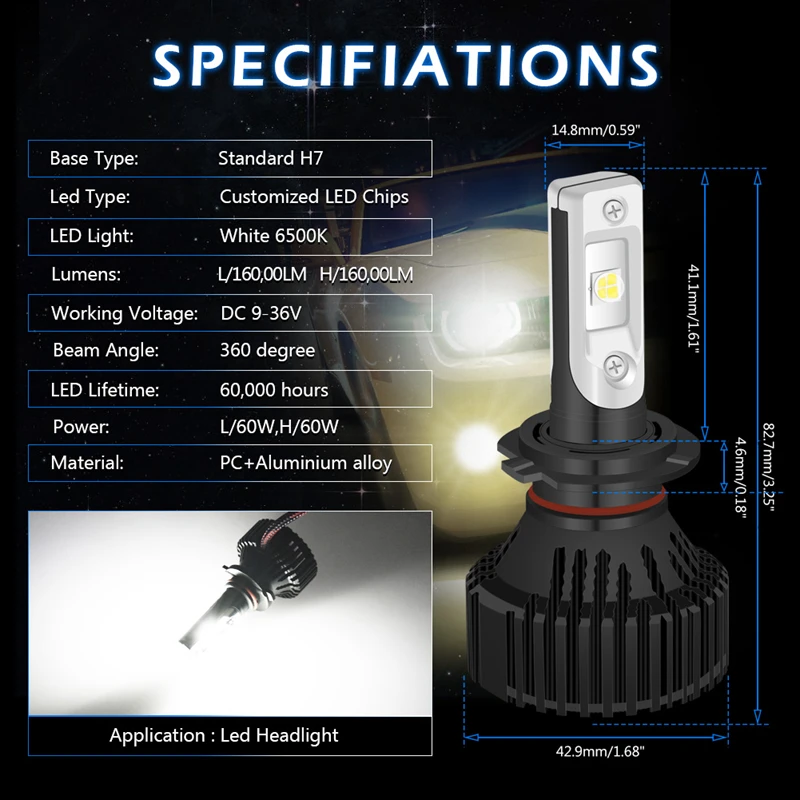 16000Lm 60 Вт H7 9005/HB3 9006/HB4 H10 H11 9012 H16 H4 H13 9004 9007 Hi/короче спереди и длиннее сзади) луч P13W