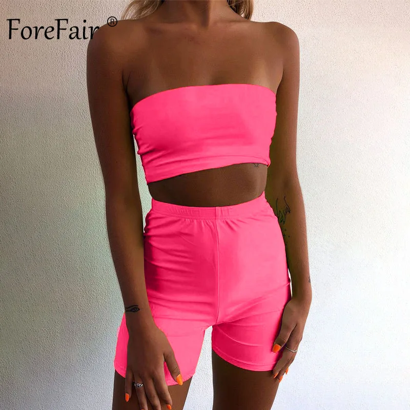 Forefair, неоновые топы и штаны, женская, розовая, зеленая, спортивная одежда, уличная одежда, 2 предмета,, летняя сексуальная облегающая одежда, комплекты из двух частей - Цвет: Pink Outfits