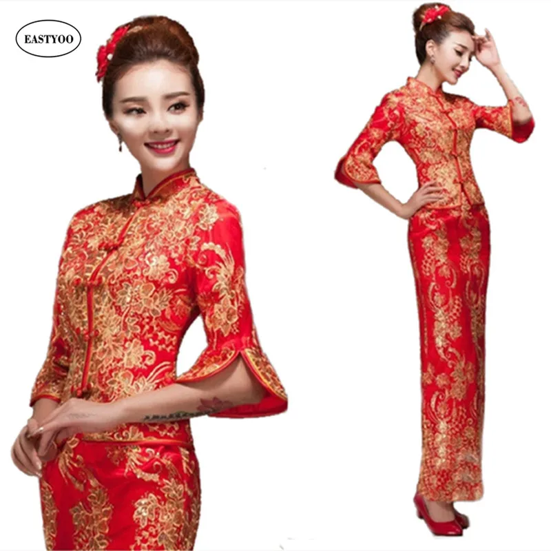 Красный Кружево платье Чонсам Для женщин дракон феникс красный китайский