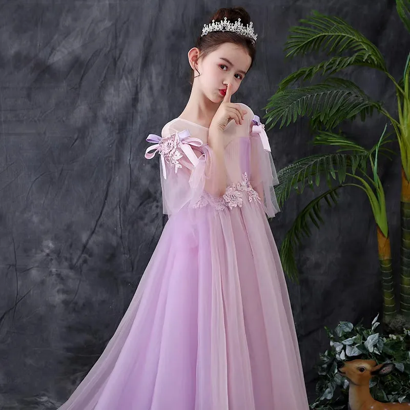 

2020Korean Sweet Purple Color Children Girls Birthday Wedding Party Long Tail Puffy Dress Model Catwalk Teens Piano Host Dress