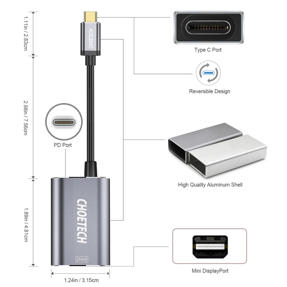 CHOETECH USB C к мини адаптер для дисплея 4K @ 60Hz Тип Мини DP с 60 Вт доставка питания Galaxy S9/S9