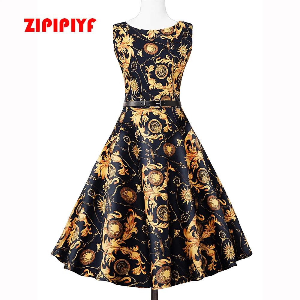 Zipipiyf Лето 2017 футболка черный желтый ретро тонкий печати хлопчатобумажное платье|