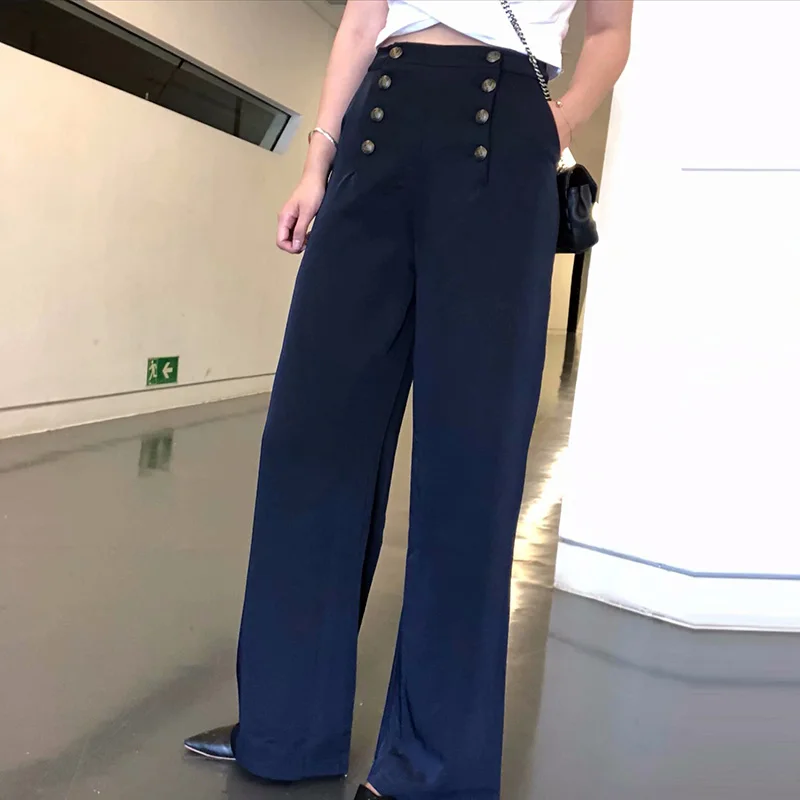 Heydress Летние Элегантные с высокой талией двойные пуговицы женские брюки с широкими штанинами свободные модные highstreet матросские брюки