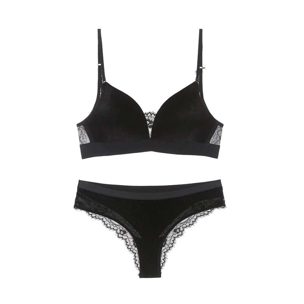 Одноцветное Bralette бархат кружевной бюстгальтер трусы комплекты Push Up Белье Для
