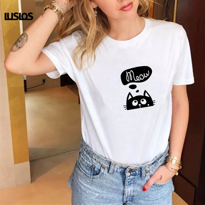 Смешная женская футболка LUSLOS MEOW Thinking с принтом кота Повседневная коротким