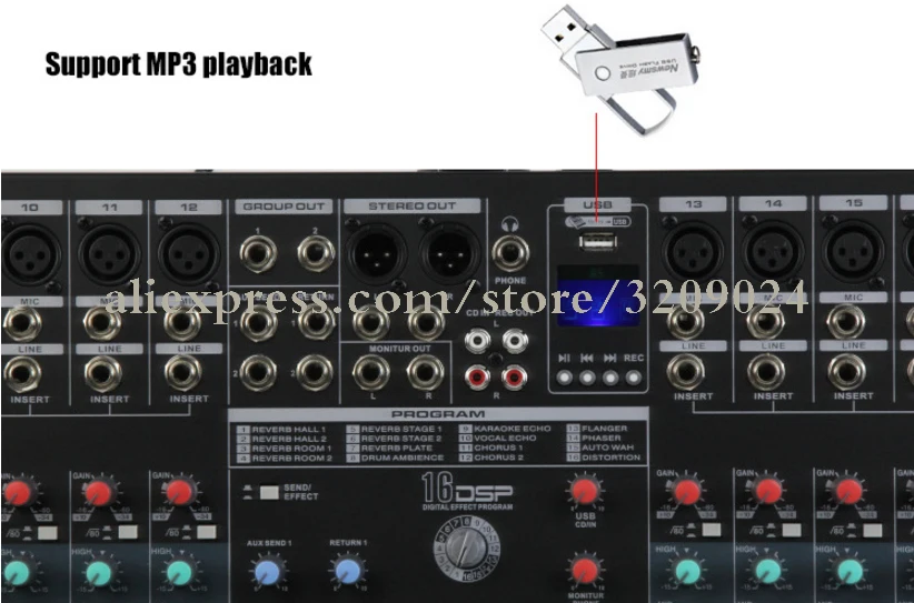 24 канала микшерный пульт с USB MP3 реверберации 16 DSP эффект реверберации микшер для сцены большой реверберации микрофонный микшер Системы