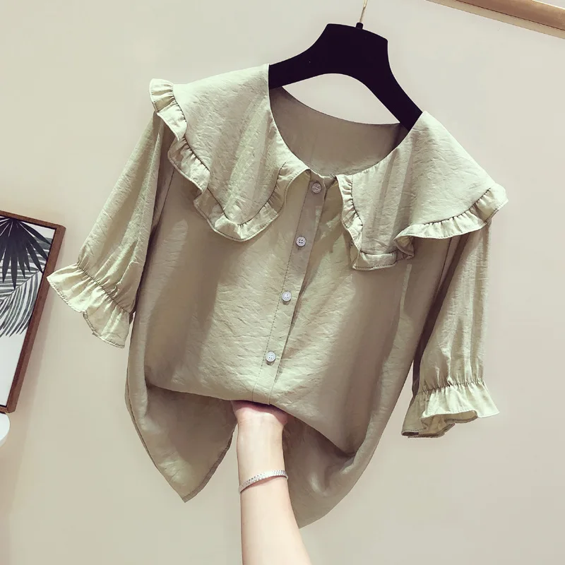 Summer New Women's Shirt Girl Student Korean Short Sleeve Round Collar Pure Color Blouse Female Sweet Preppy Style Tops H9098