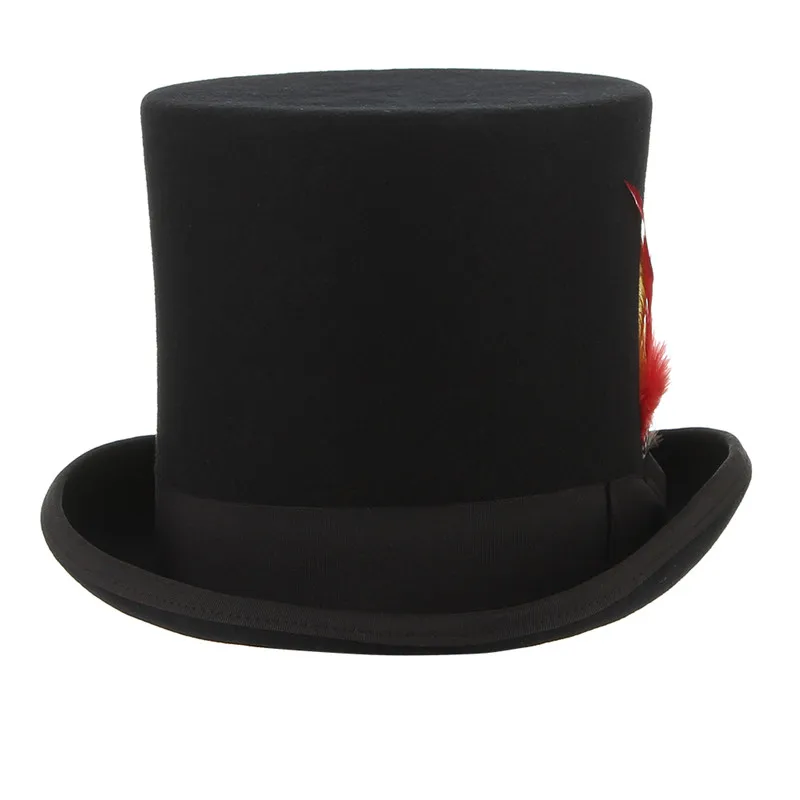 GEMVIE 100% Wool Felt Beaver Top Hat With Feather Cylinder Hat For Women Men Mad Hatter Party Costume High Magician Cap